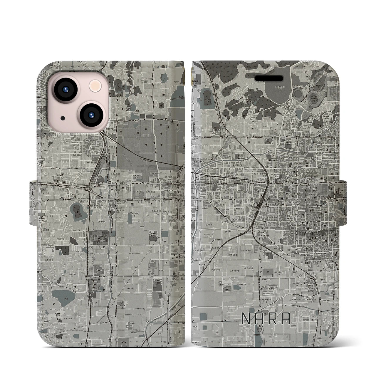 【奈良2(奈良県)】地図柄iPhoneケース(手帳タイプ)モノトーン・iPhone 13 mini 用
