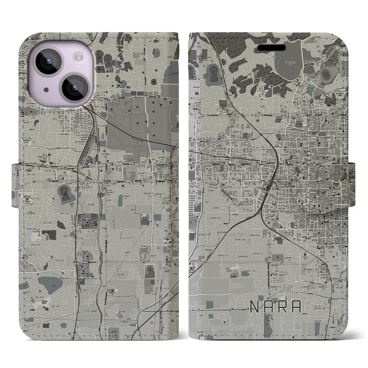 【奈良2(奈良県)】地図柄iPhoneケース(手帳タイプ)モノトーン・iPhone 14 用
