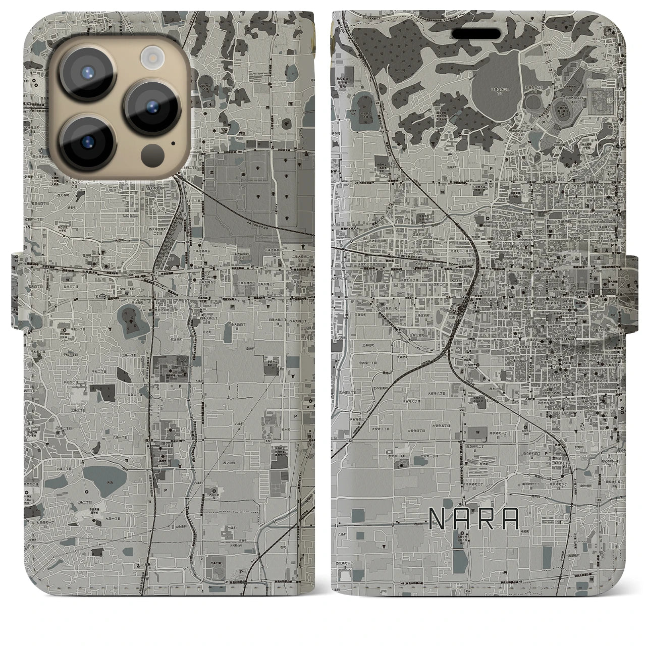 【奈良2(奈良県)】地図柄iPhoneケース(手帳タイプ)モノトーン・iPhone 14 Pro Max 用