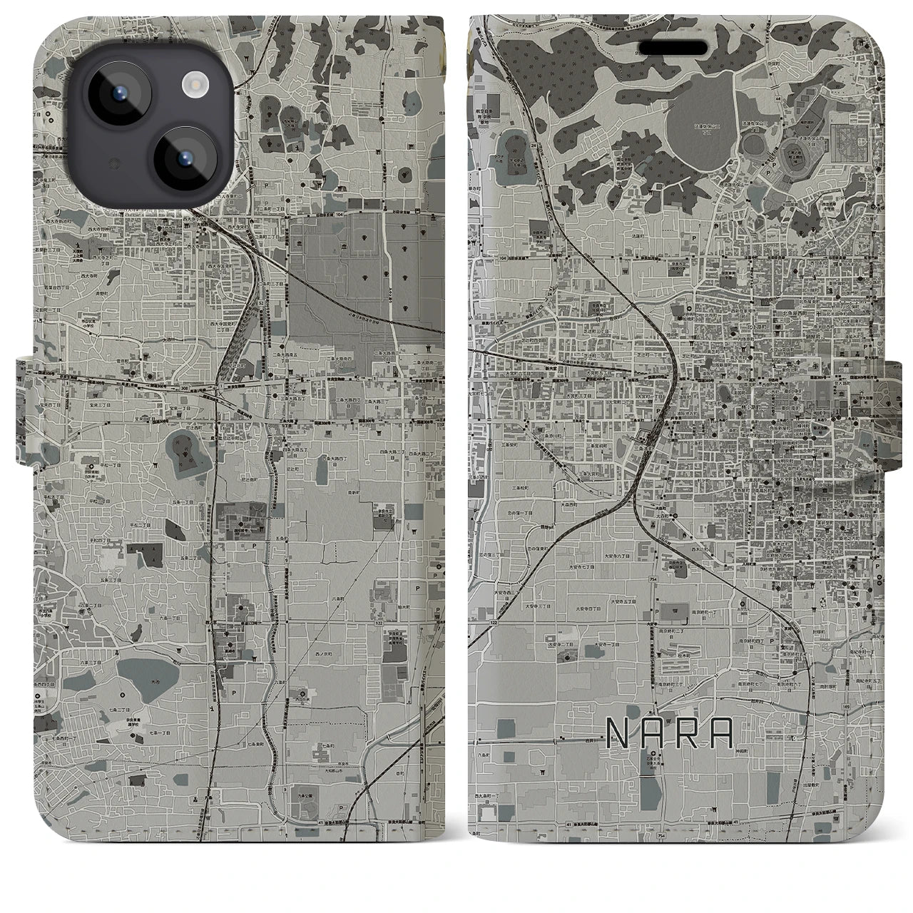 【奈良2(奈良県)】地図柄iPhoneケース(手帳タイプ)モノトーン・iPhone 14 Plus 用