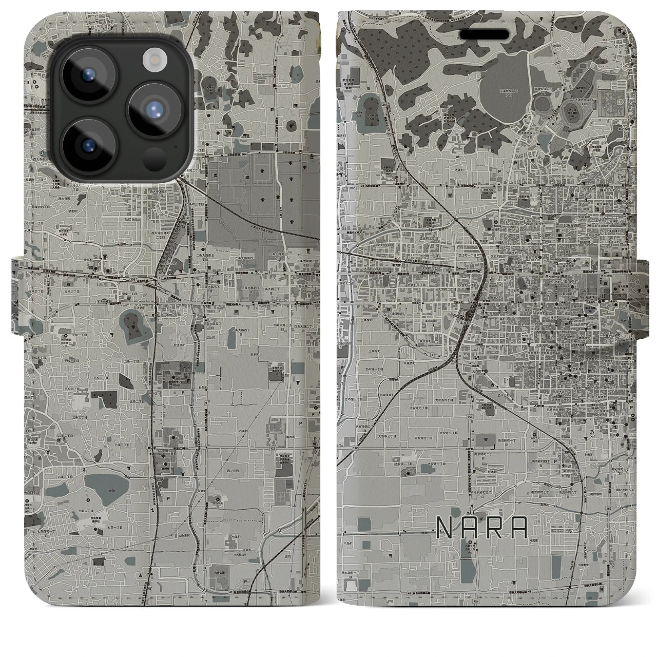 【奈良2(奈良県)】地図柄iPhoneケース(手帳タイプ)モノトーン・iPhone 15 Pro Max 用