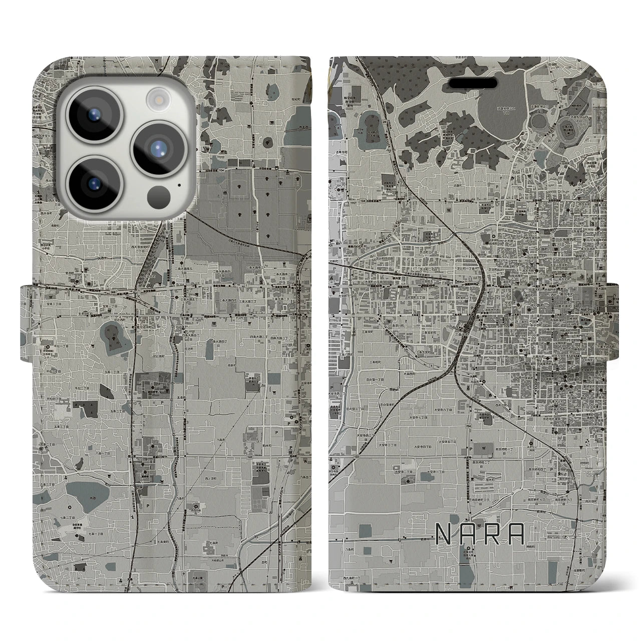 【奈良2(奈良県)】地図柄iPhoneケース(手帳タイプ)モノトーン・iPhone 15 Pro 用