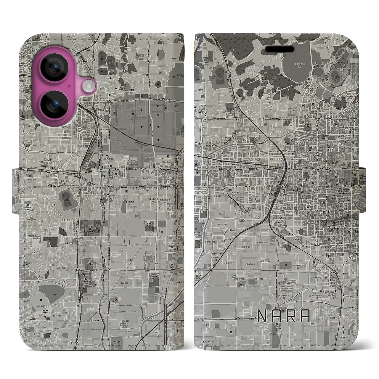 【奈良2(奈良県)】地図柄iPhoneケース(手帳タイプ)モノトーン・iPhone 16 Pro 用