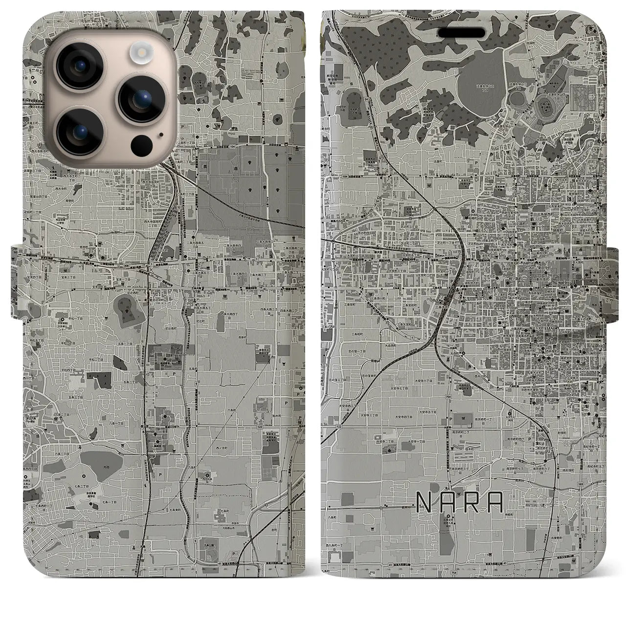 【奈良2(奈良県)】地図柄iPhoneケース(手帳タイプ)モノトーン・iPhone 16 Plus 用