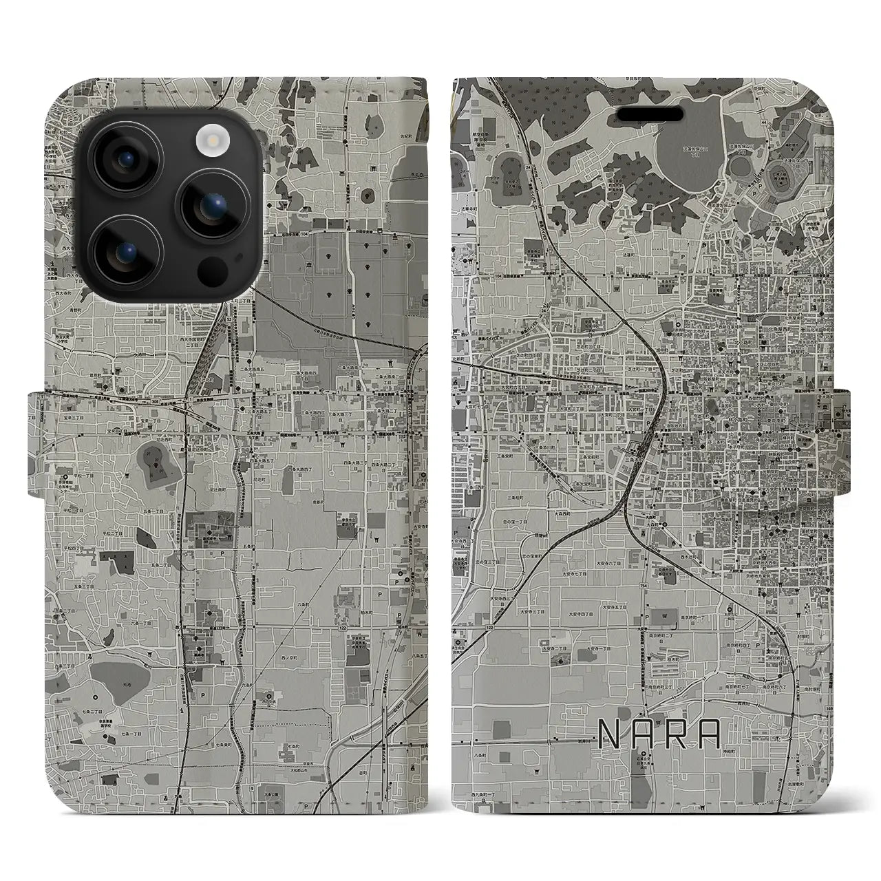 【奈良2(奈良県)】地図柄iPhoneケース(手帳タイプ)モノトーン・iPhone 16 用