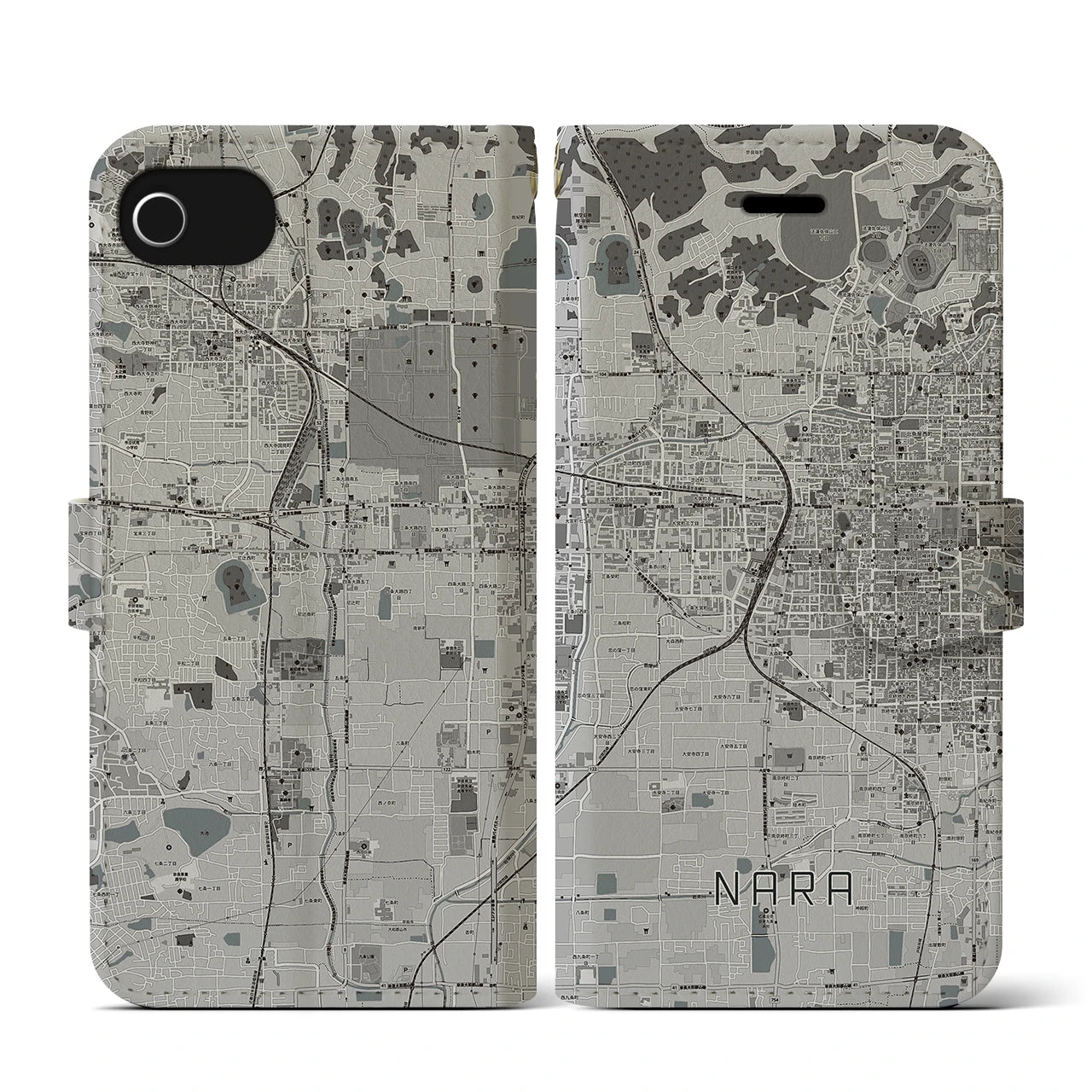 【奈良2(奈良県)】地図柄iPhoneケース(手帳タイプ)モノトーン・iPhone SE(第3 / 第2世代) / 8 / 7 / 6s / 6 用