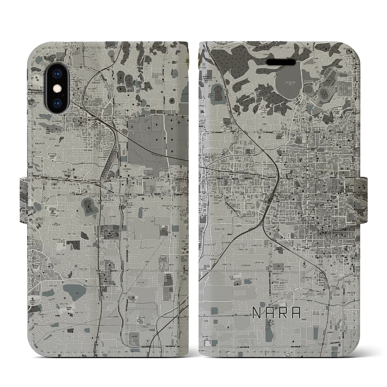 【奈良2(奈良県)】地図柄iPhoneケース(手帳タイプ)モノトーン・iPhone XS / X 用