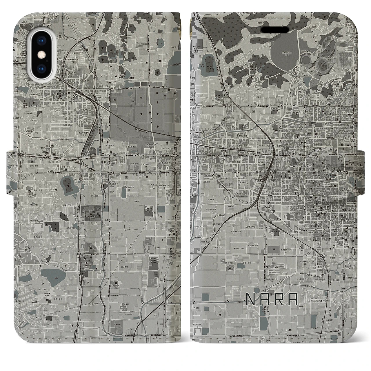 【奈良2(奈良県)】地図柄iPhoneケース(手帳タイプ)モノトーン・iPhone XS Max 用