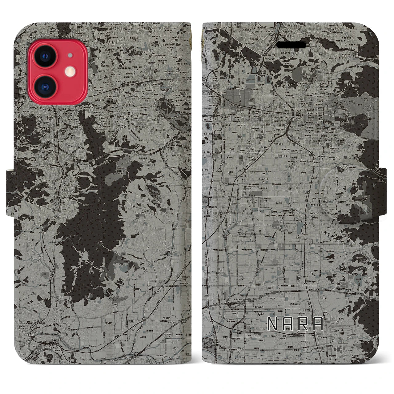 【奈良(奈良県)】地図柄iPhoneケース(手帳タイプ)モノトーン・iPhone 11 用