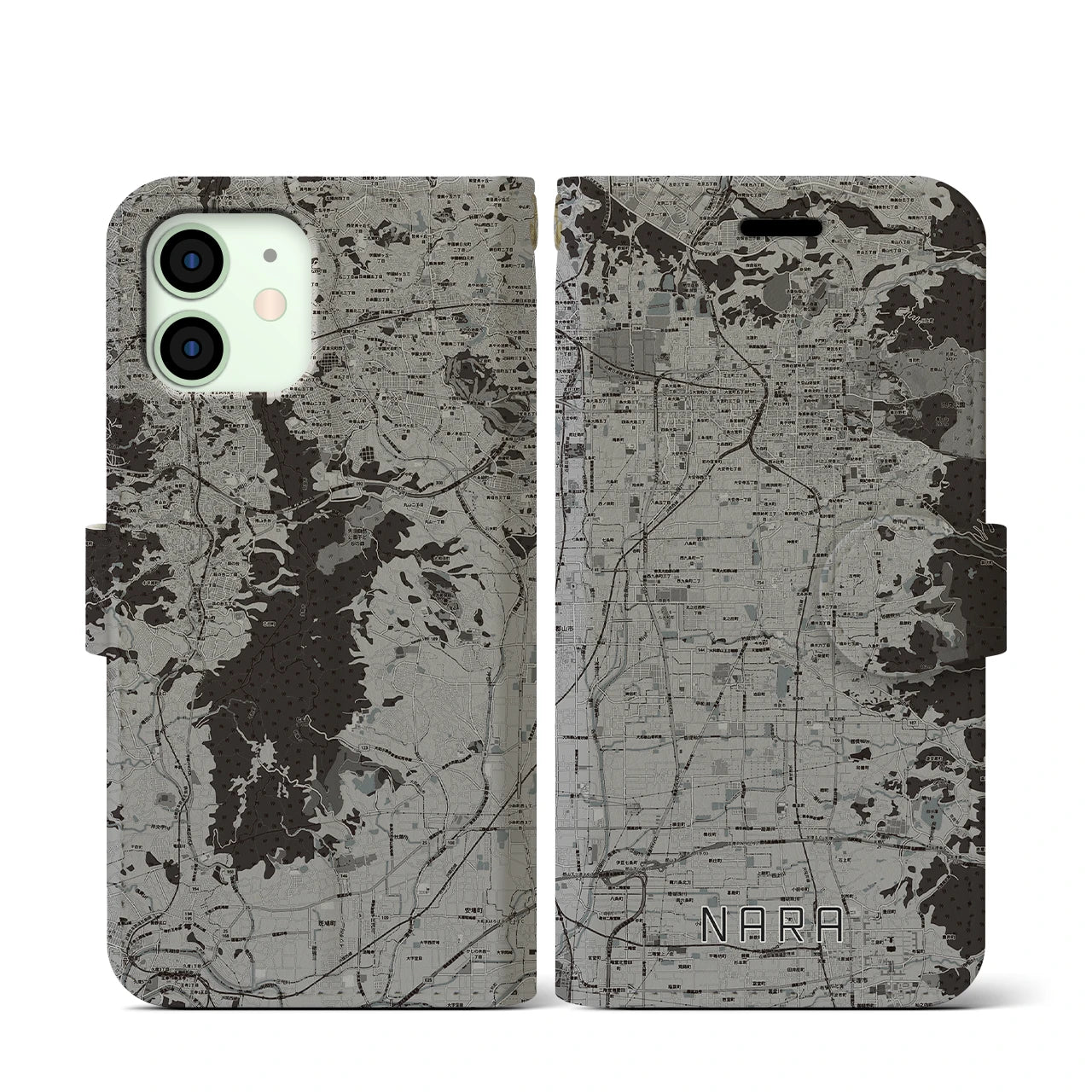 【奈良(奈良県)】地図柄iPhoneケース(手帳タイプ)モノトーン・iPhone 12 mini 用