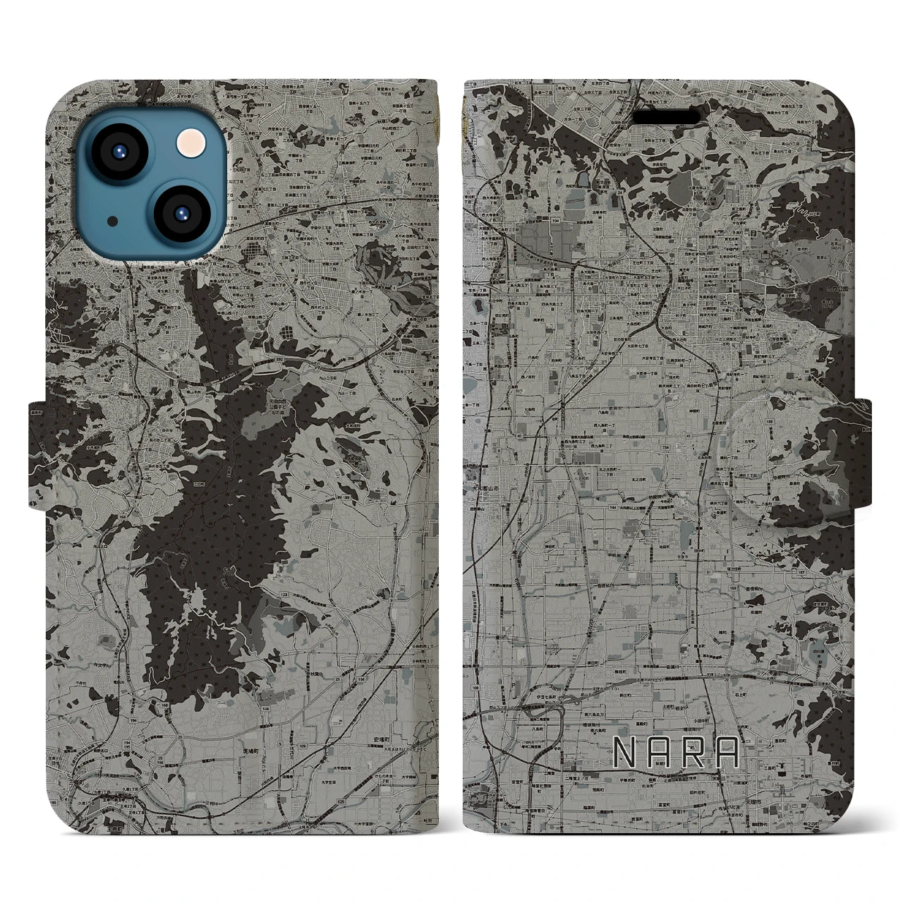【奈良(奈良県)】地図柄iPhoneケース(手帳タイプ)モノトーン・iPhone 13 用