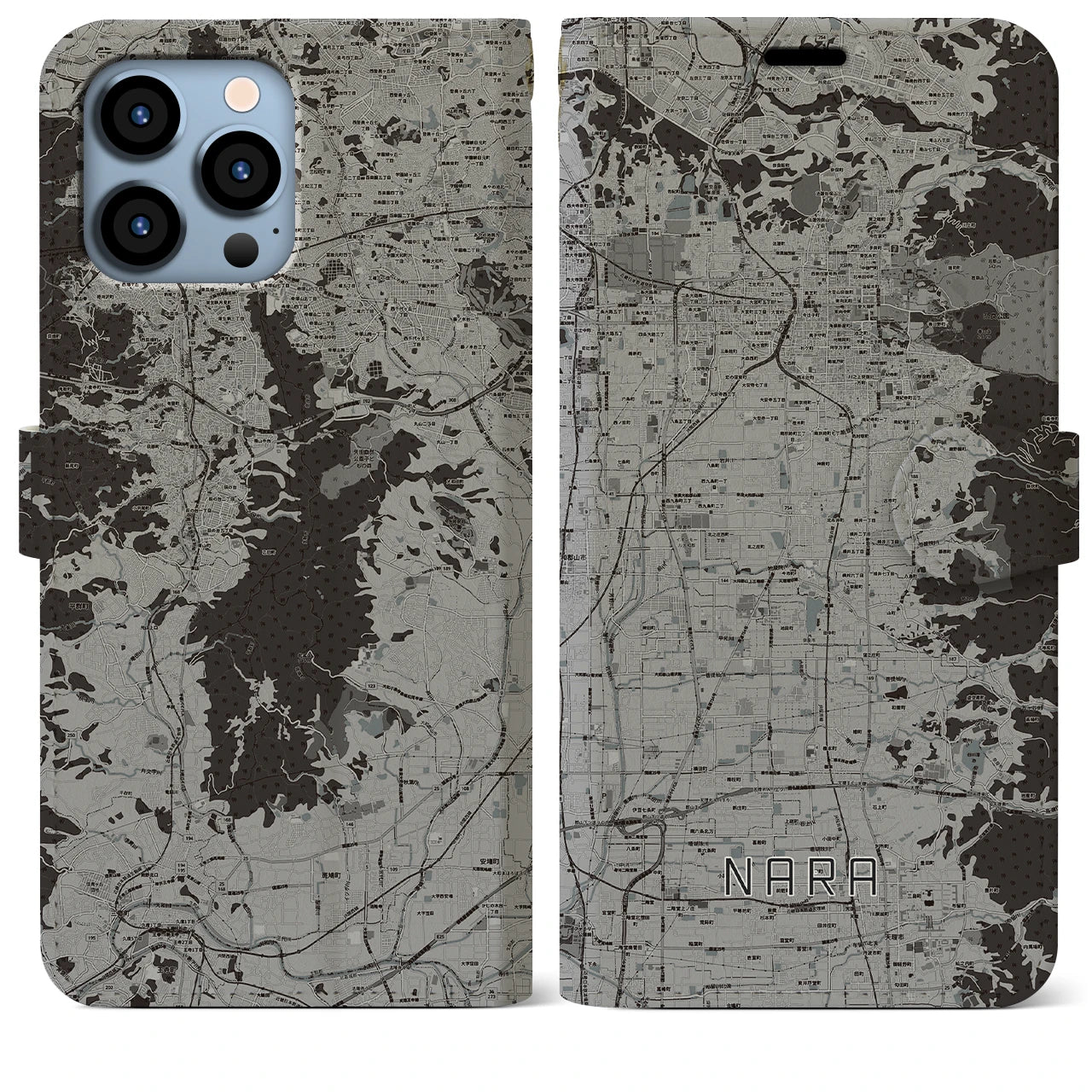 【奈良(奈良県)】地図柄iPhoneケース(手帳タイプ)モノトーン・iPhone 13 Pro Max 用