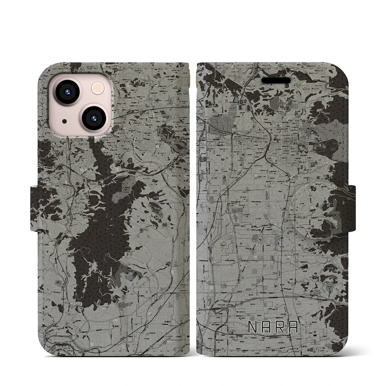 【奈良(奈良県)】地図柄iPhoneケース(手帳タイプ)モノトーン・iPhone 13 mini 用
