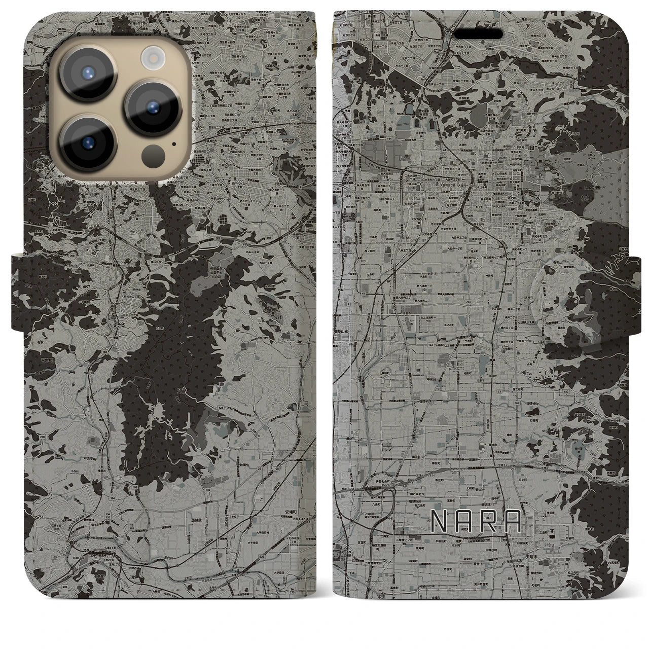【奈良(奈良県)】地図柄iPhoneケース(手帳タイプ)モノトーン・iPhone 14 Pro Max 用