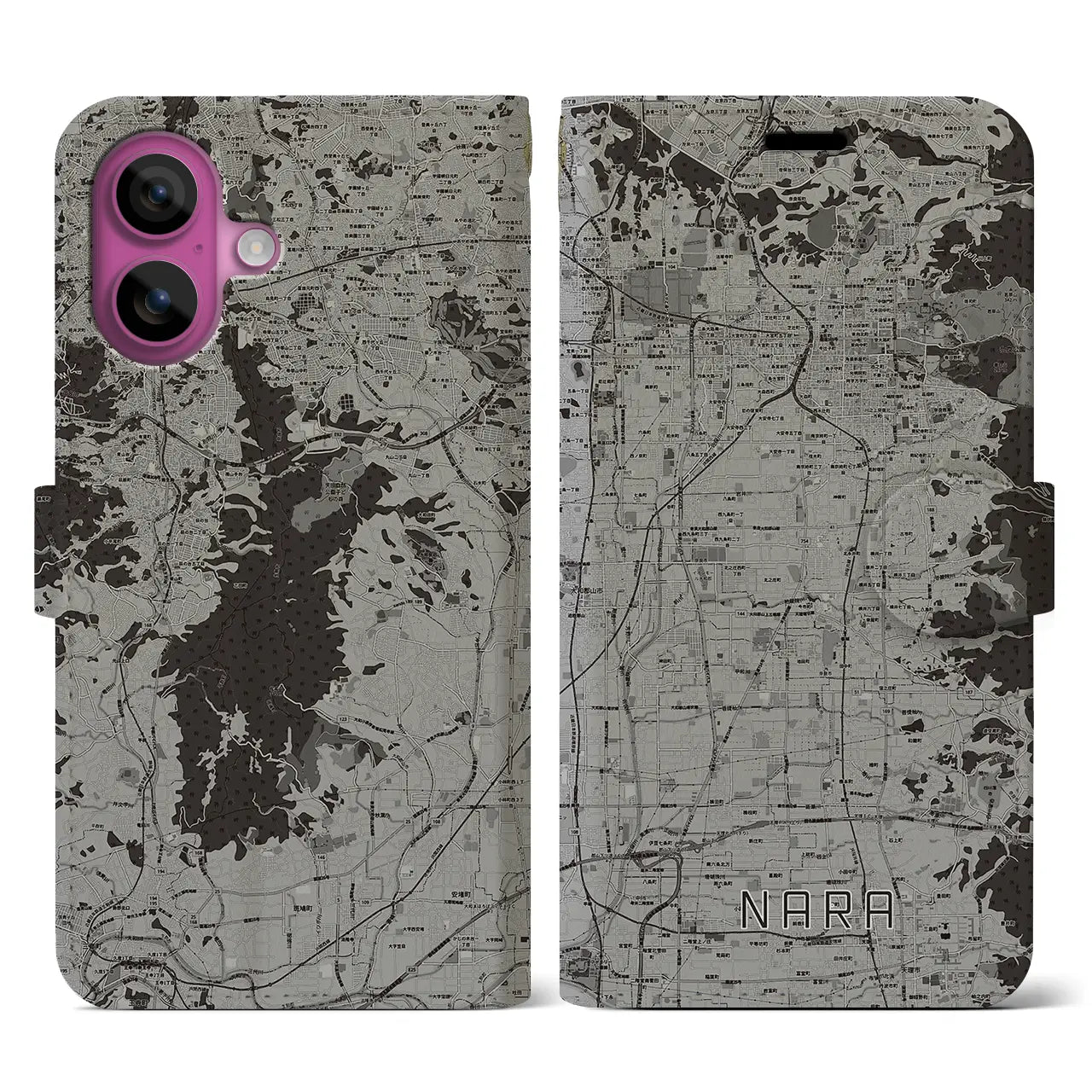【奈良(奈良県)】地図柄iPhoneケース(手帳タイプ)モノトーン・iPhone 16 Pro 用