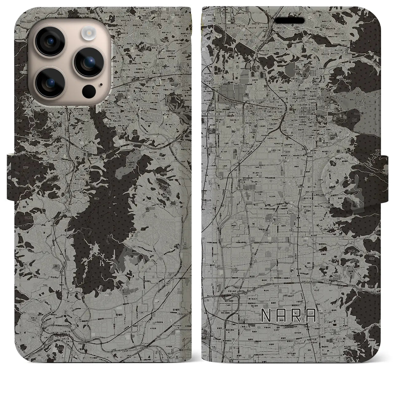 【奈良(奈良県)】地図柄iPhoneケース(手帳タイプ)モノトーン・iPhone 16 Plus 用