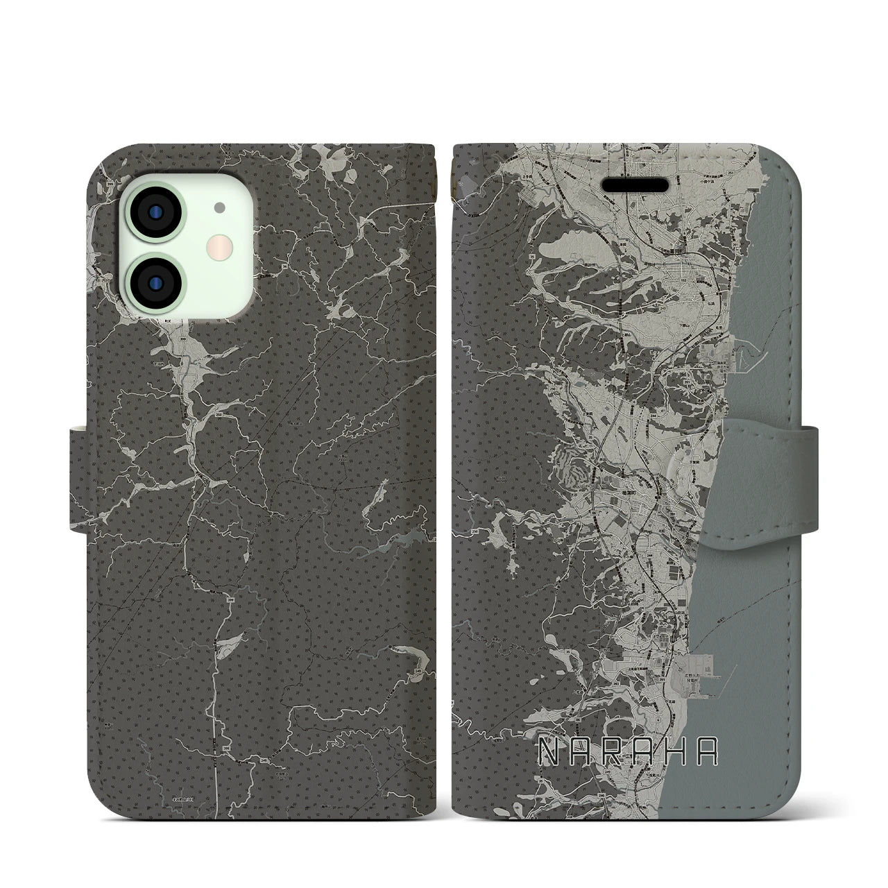【楢葉(福島県)】地図柄iPhoneケース(手帳タイプ)モノトーン・iPhone 12 mini 用