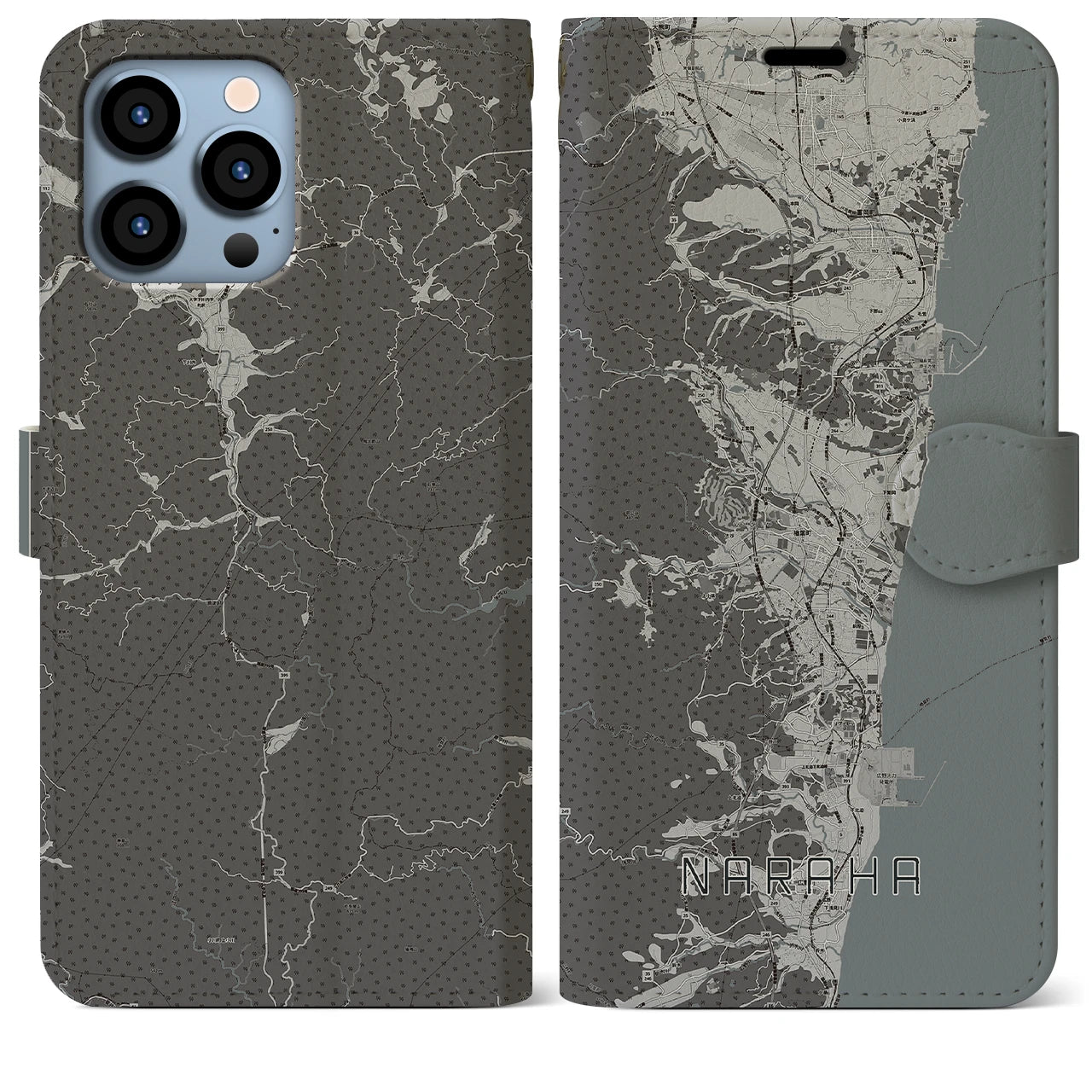 【楢葉(福島県)】地図柄iPhoneケース(手帳タイプ)モノトーン・iPhone 13 Pro Max 用