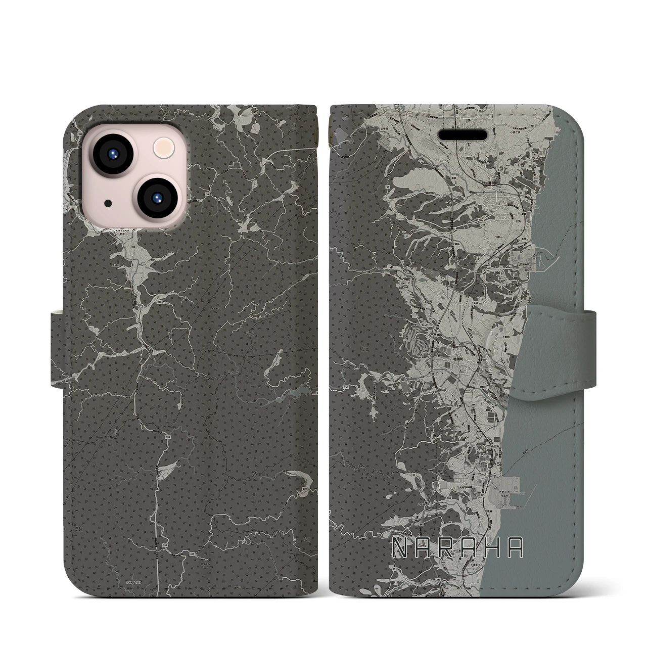 【楢葉(福島県)】地図柄iPhoneケース(手帳タイプ)モノトーン・iPhone 13 mini 用