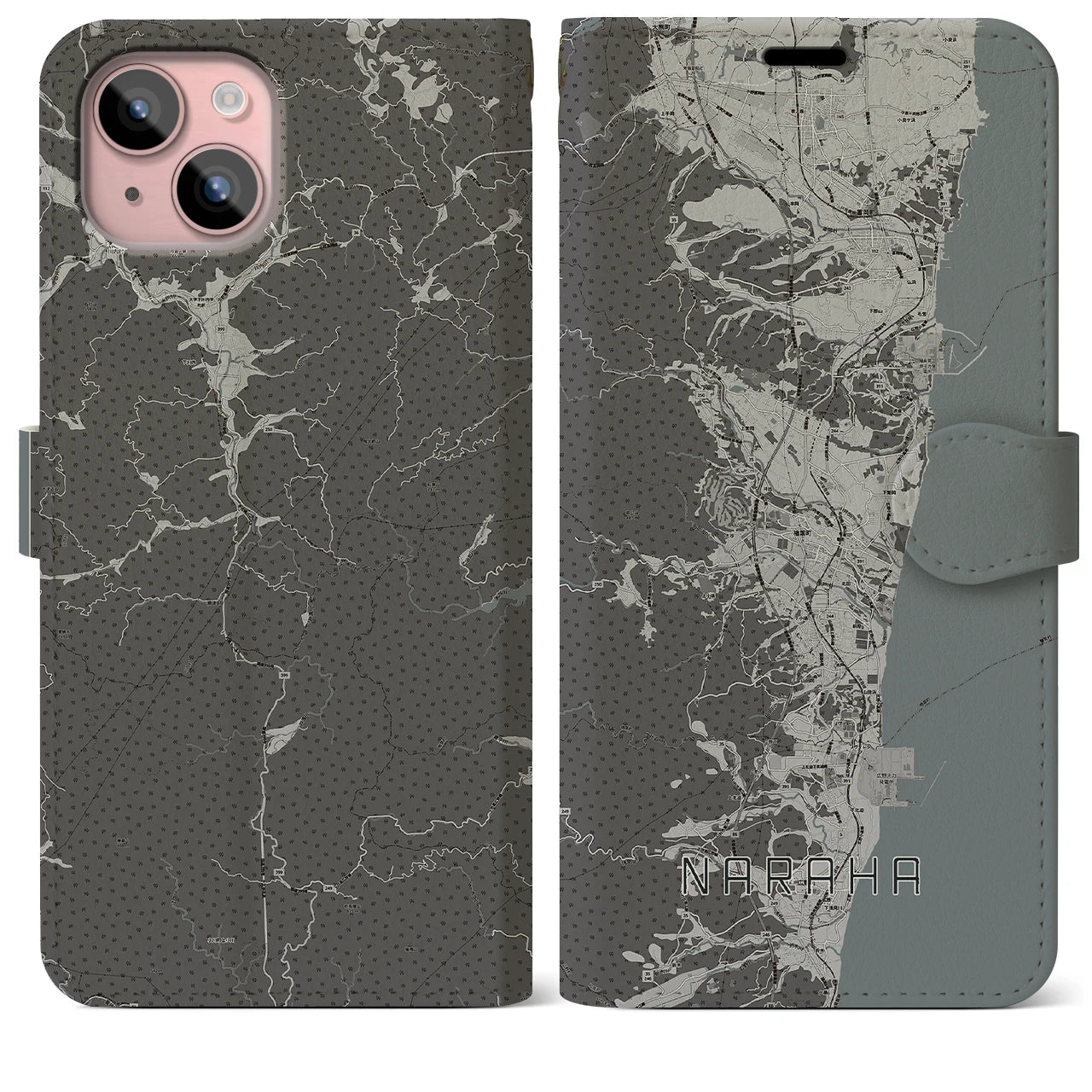 【楢葉(福島県)】地図柄iPhoneケース(手帳タイプ)モノトーン・iPhone 15 Plus 用