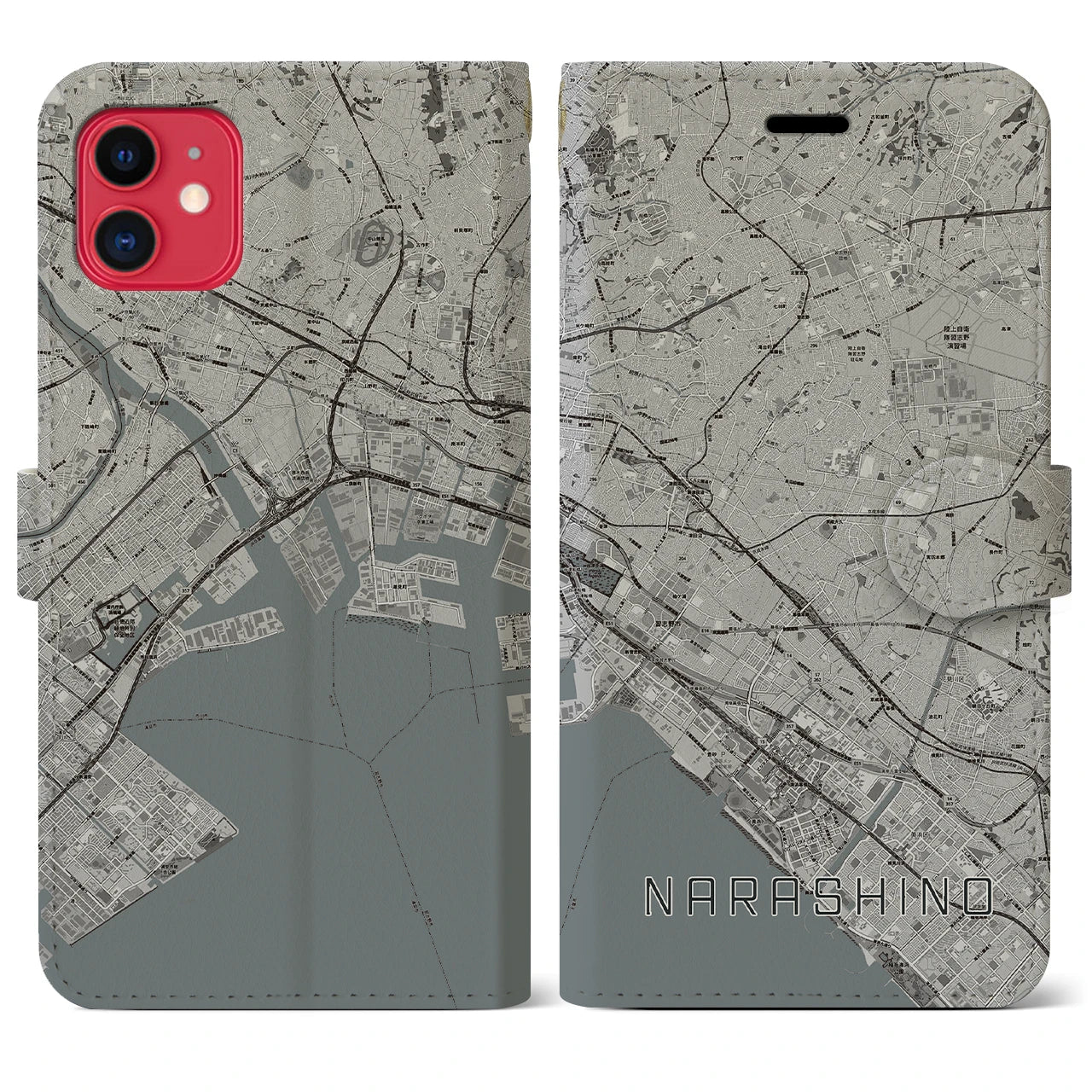 【習志野2(千葉県)】地図柄iPhoneケース(手帳タイプ)モノトーン・iPhone 11 用