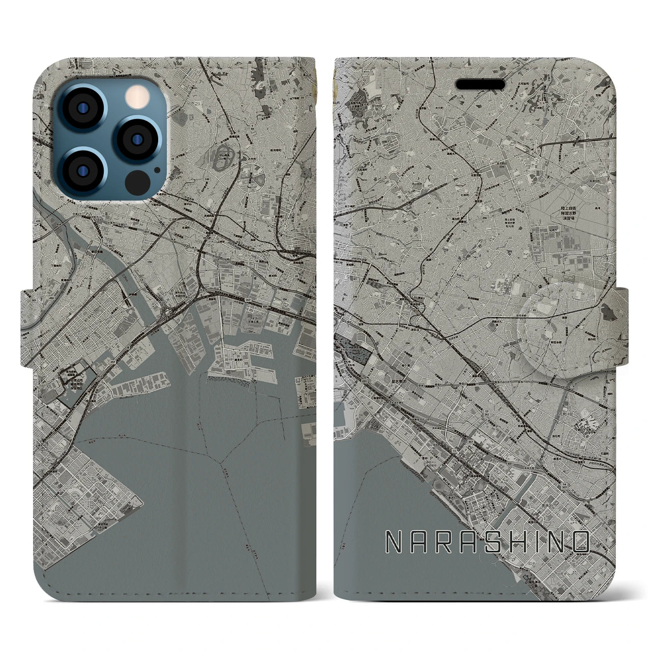 【習志野2(千葉県)】地図柄iPhoneケース(手帳タイプ)モノトーン・iPhone 12 / 12 Pro 用