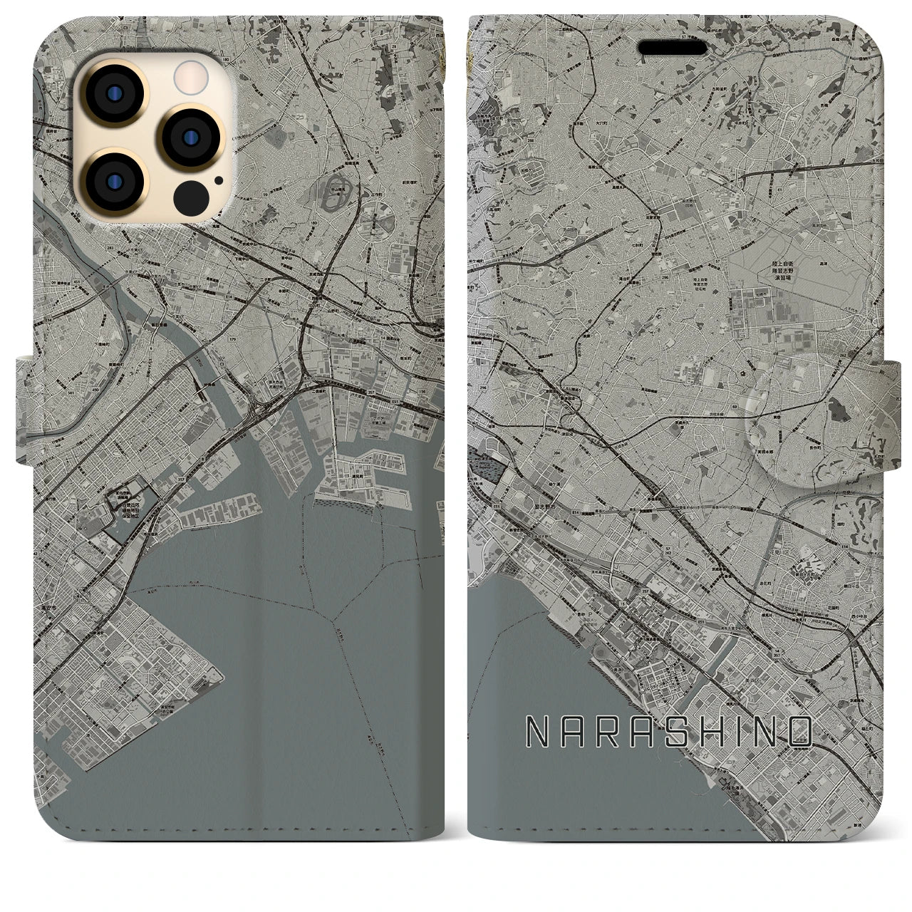 【習志野2(千葉県)】地図柄iPhoneケース(手帳タイプ)モノトーン・iPhone 12 Pro Max 用