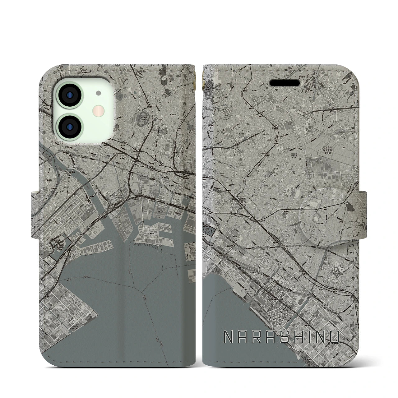 【習志野2(千葉県)】地図柄iPhoneケース(手帳タイプ)モノトーン・iPhone 12 mini 用
