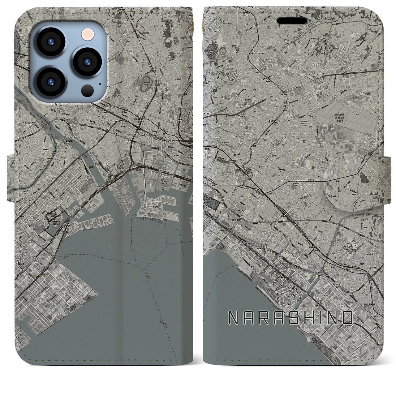 【習志野2(千葉県)】地図柄iPhoneケース(手帳タイプ)モノトーン・iPhone 13 Pro Max 用
