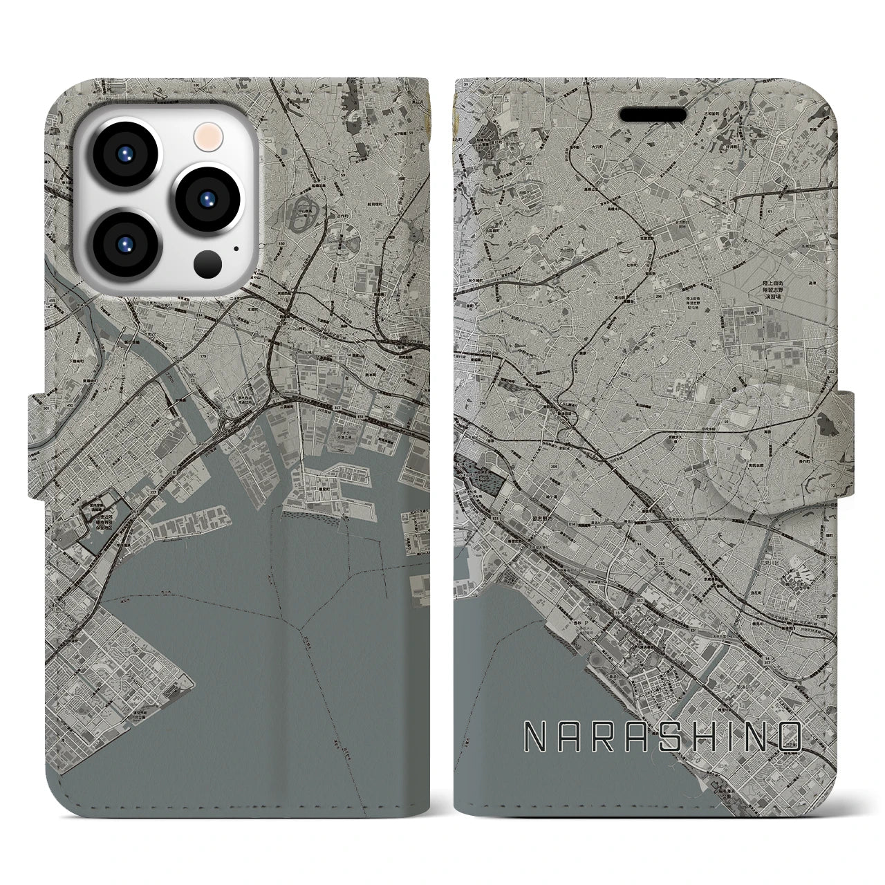【習志野2(千葉県)】地図柄iPhoneケース(手帳タイプ)モノトーン・iPhone 13 Pro 用