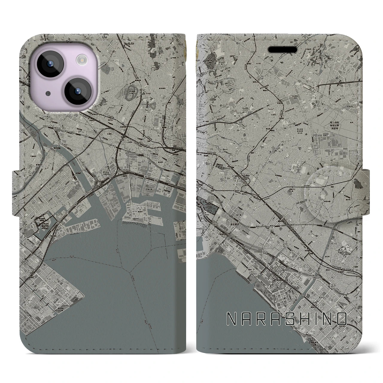 【習志野2(千葉県)】地図柄iPhoneケース(手帳タイプ)モノトーン・iPhone 14 用