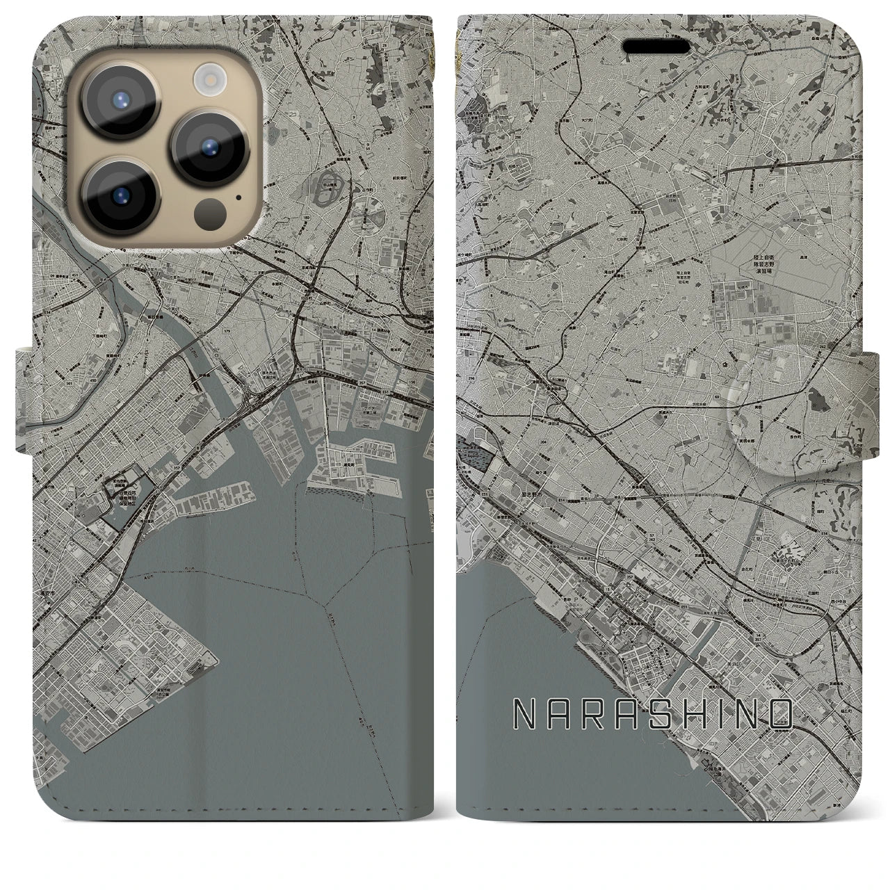 【習志野2(千葉県)】地図柄iPhoneケース(手帳タイプ)モノトーン・iPhone 14 Pro Max 用