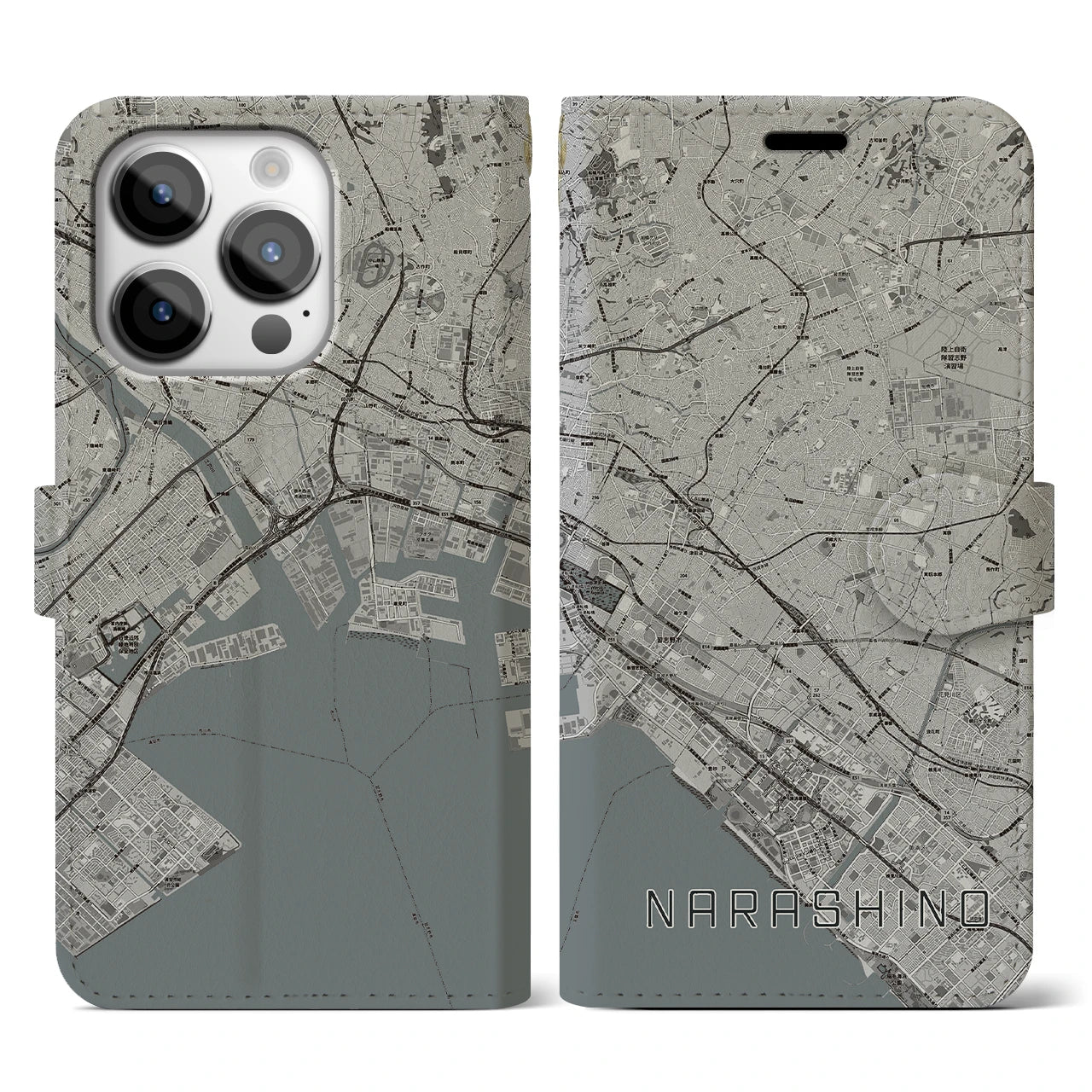 【習志野2(千葉県)】地図柄iPhoneケース(手帳タイプ)モノトーン・iPhone 14 Pro 用