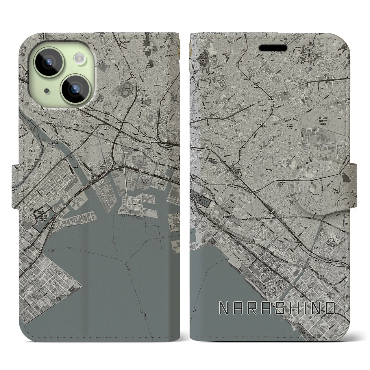 【習志野2(千葉県)】地図柄iPhoneケース(手帳タイプ)モノトーン・iPhone 15 用