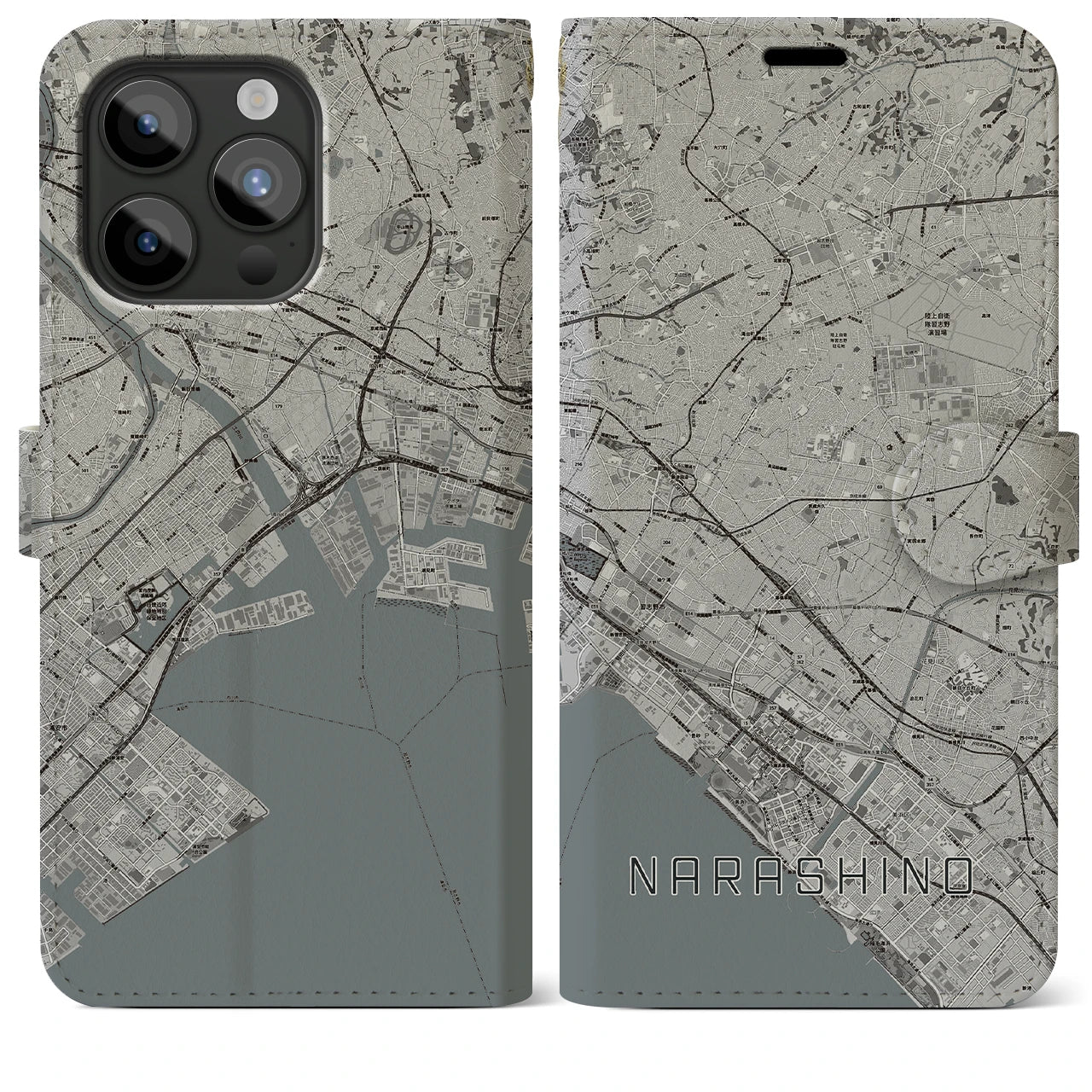 【習志野2(千葉県)】地図柄iPhoneケース(手帳タイプ)モノトーン・iPhone 15 Pro Max 用