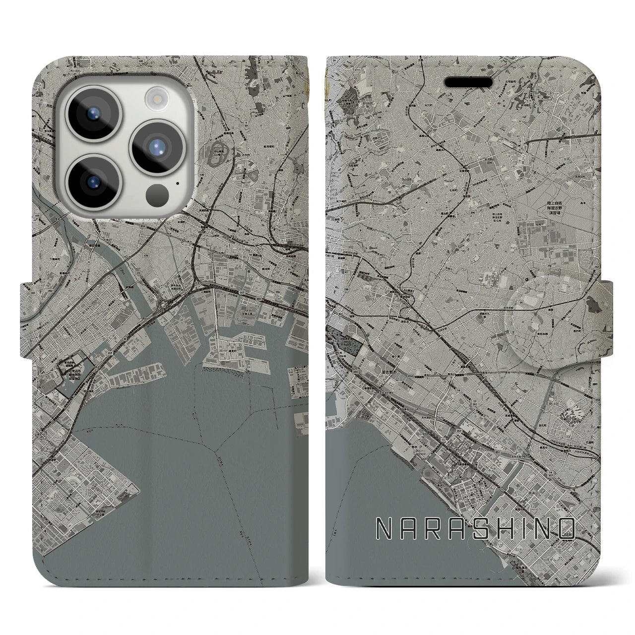 【習志野2(千葉県)】地図柄iPhoneケース(手帳タイプ)モノトーン・iPhone 15 Pro 用