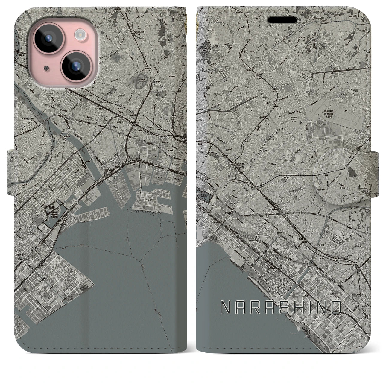 【習志野2(千葉県)】地図柄iPhoneケース(手帳タイプ)モノトーン・iPhone 15 Plus 用
