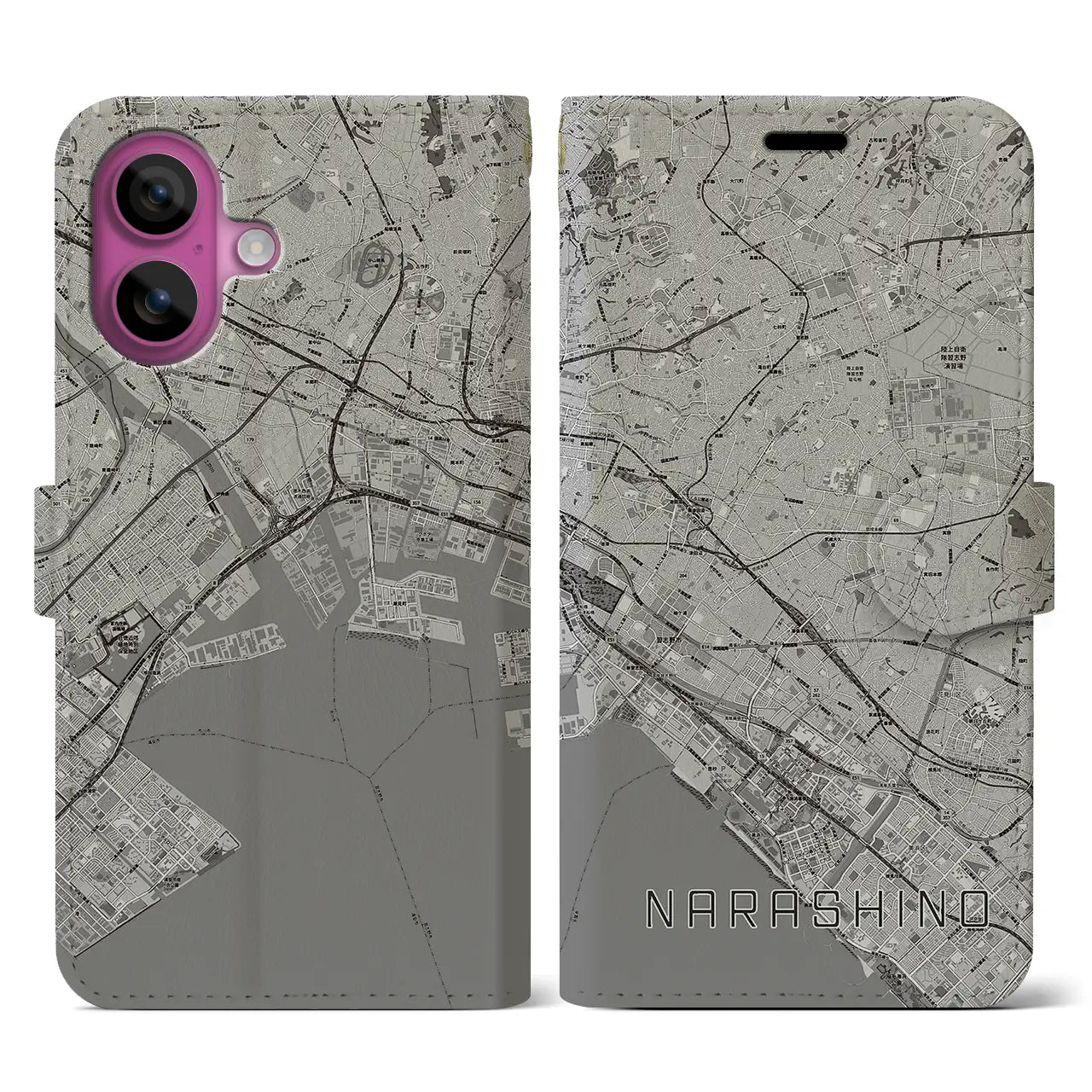 【習志野2(千葉県)】地図柄iPhoneケース(手帳タイプ)モノトーン・iPhone 16 Pro 用