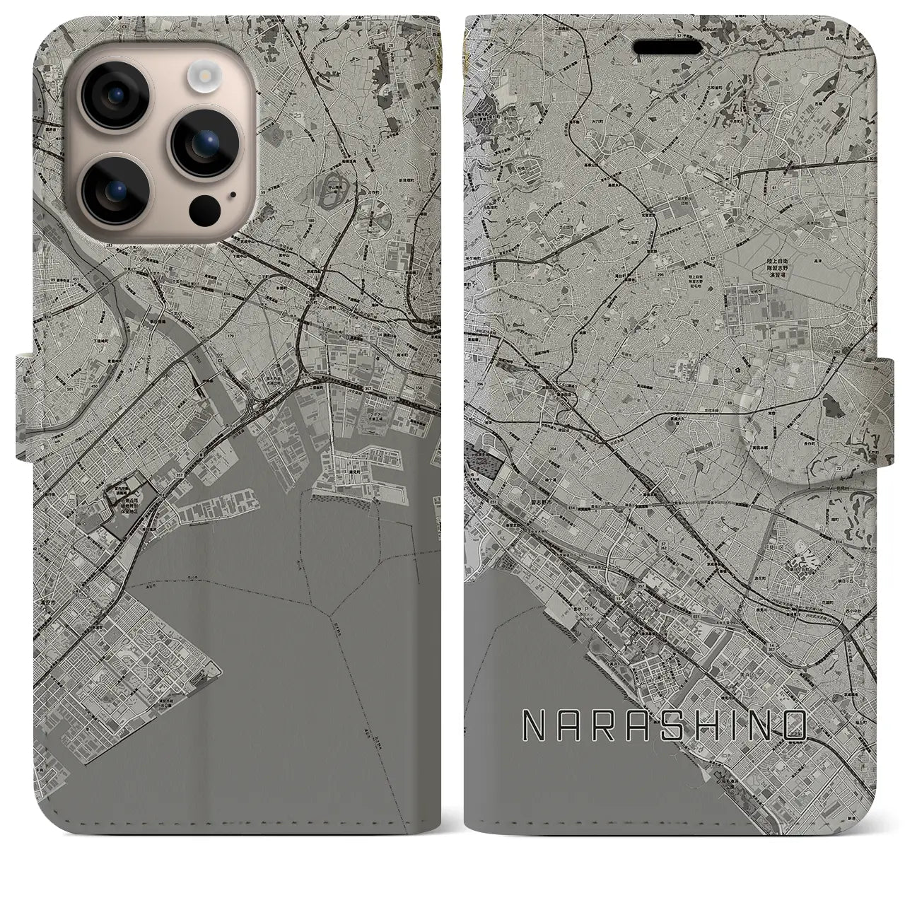 【習志野2(千葉県)】地図柄iPhoneケース(手帳タイプ)モノトーン・iPhone 16 Plus 用