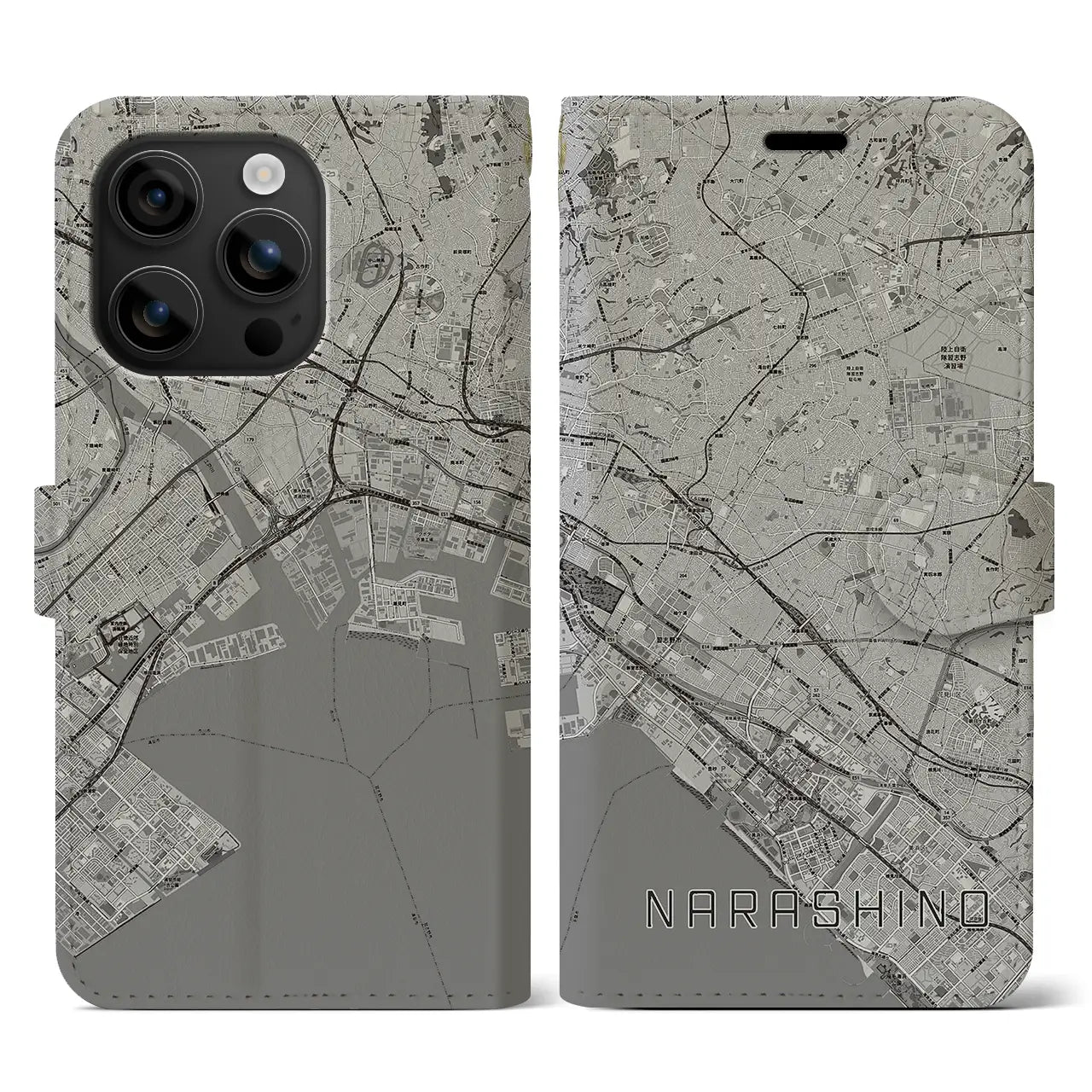 【習志野2(千葉県)】地図柄iPhoneケース(手帳タイプ)モノトーン・iPhone 16 用