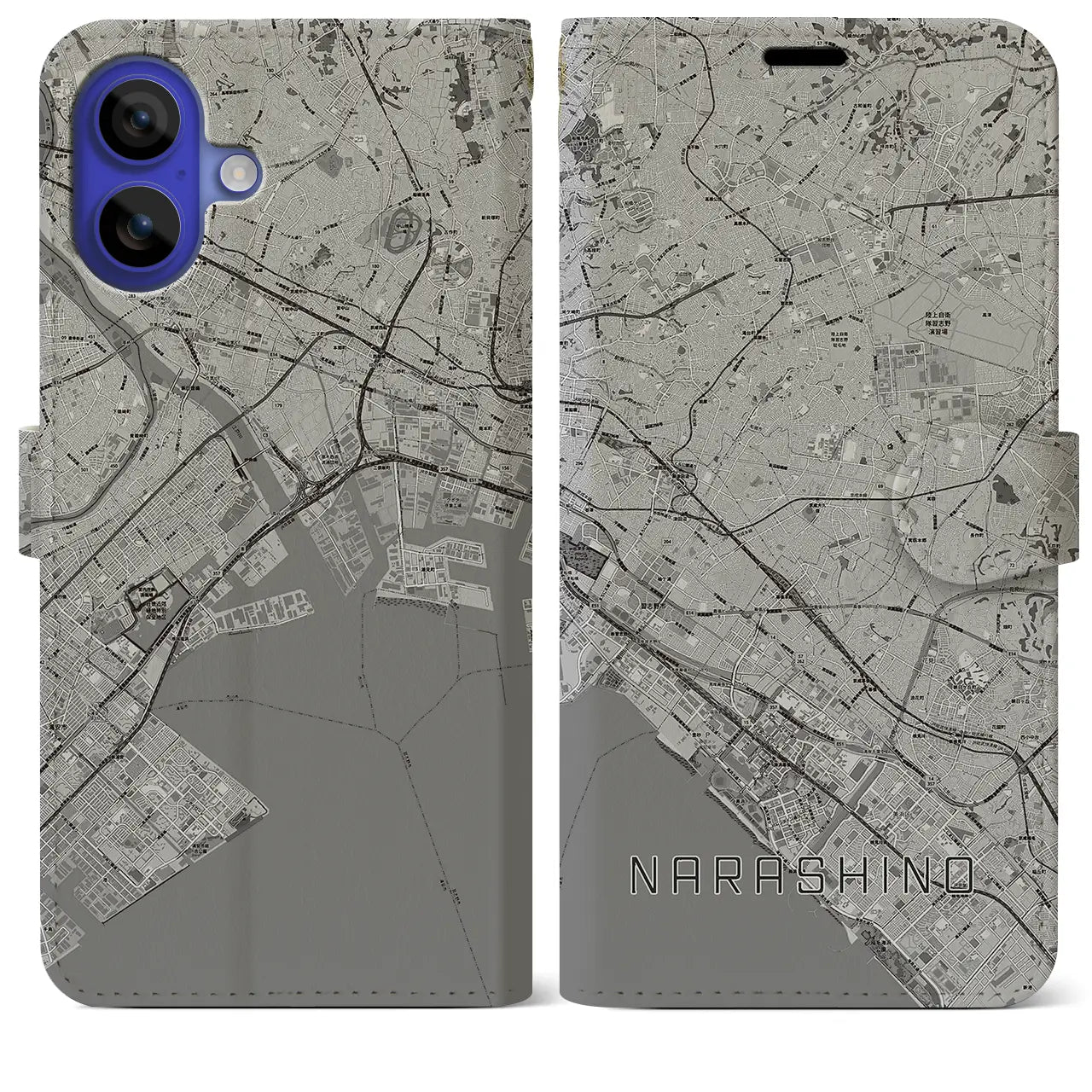 【習志野2(千葉県)】地図柄iPhoneケース(手帳タイプ)モノトーン・iPhone 16 Pro Max 用