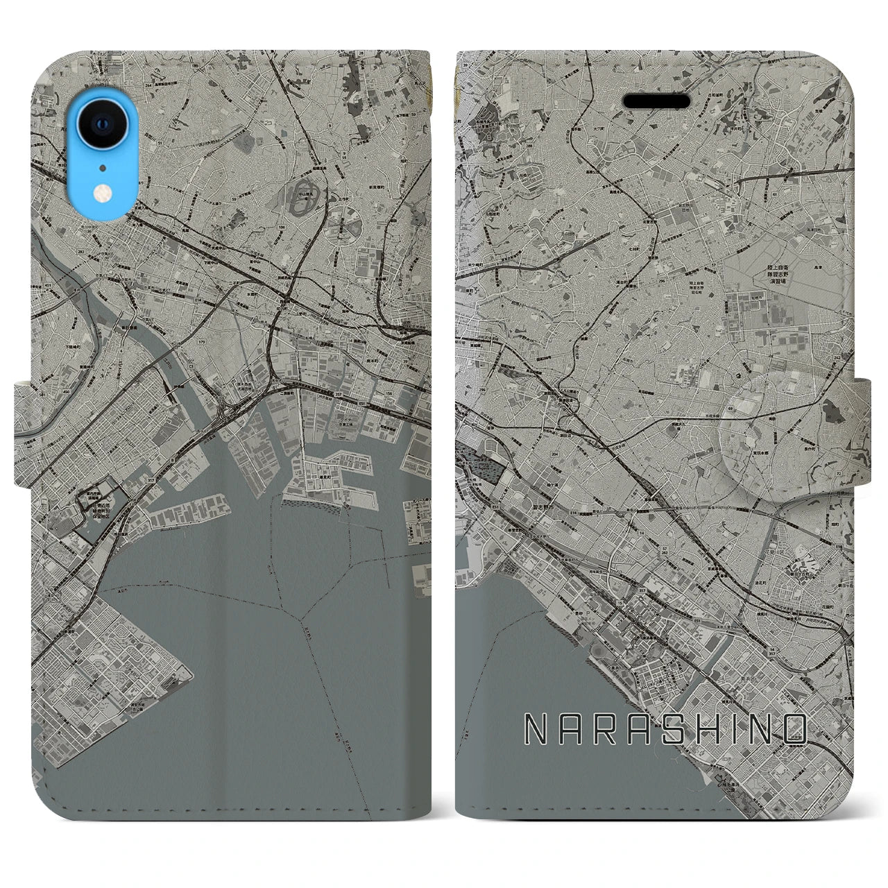 【習志野2(千葉県)】地図柄iPhoneケース(手帳タイプ)モノトーン・iPhone XR 用