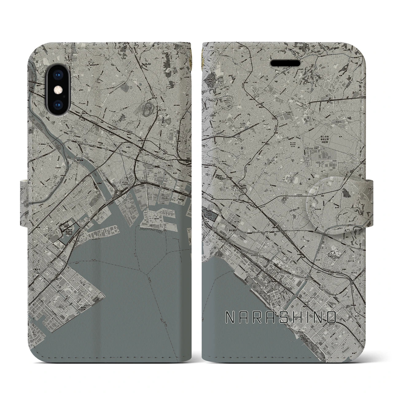 【習志野2(千葉県)】地図柄iPhoneケース(手帳タイプ)モノトーン・iPhone XS / X 用