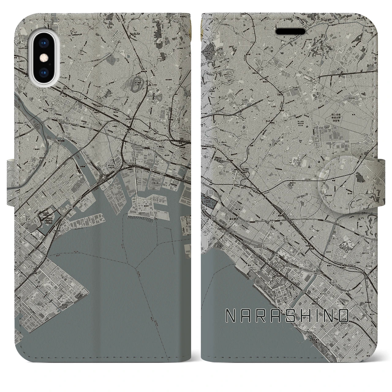 【習志野2(千葉県)】地図柄iPhoneケース(手帳タイプ)モノトーン・iPhone XS Max 用