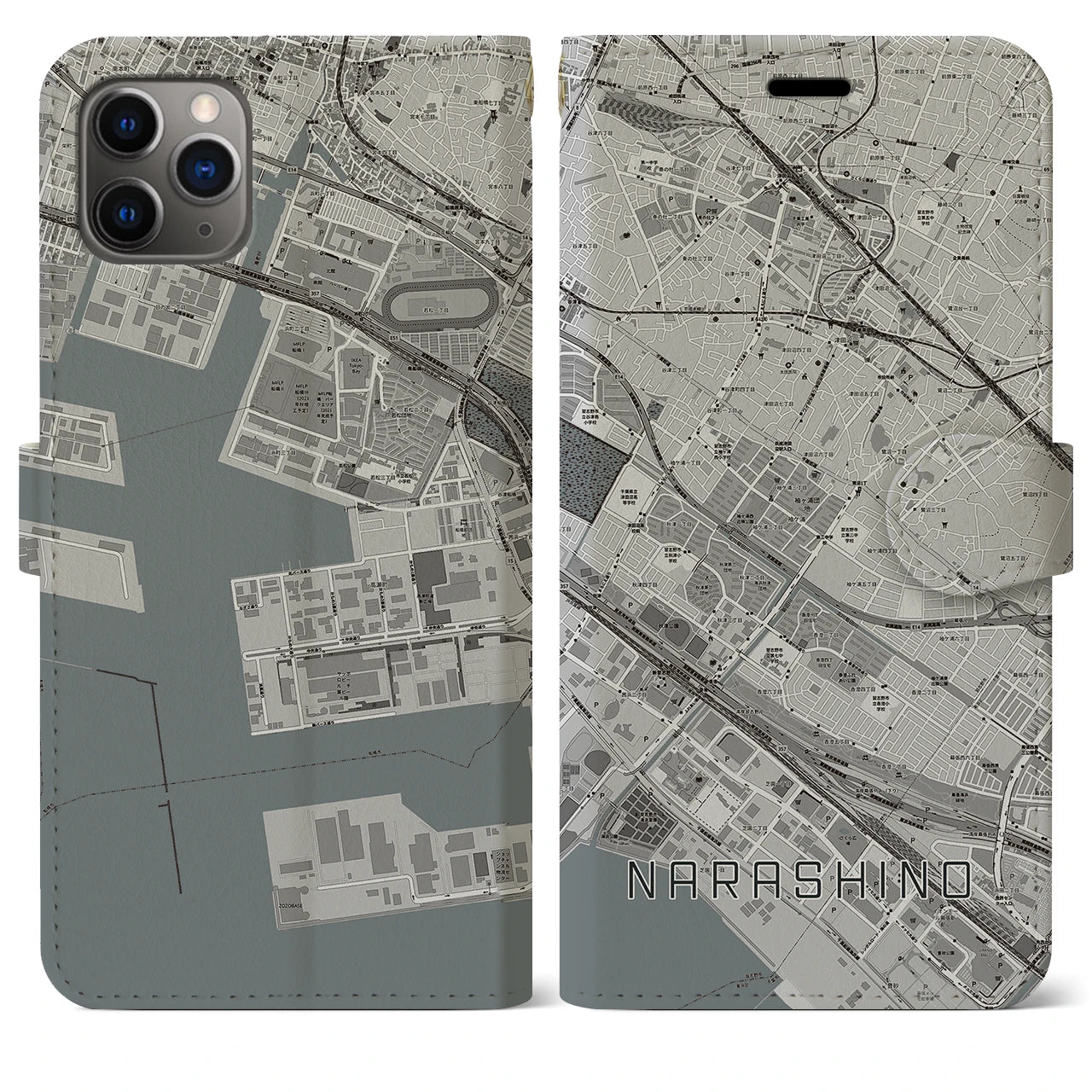 【習志野(千葉県)】地図柄iPhoneケース(手帳タイプ)モノトーン・iPhone 11 Pro Max 用