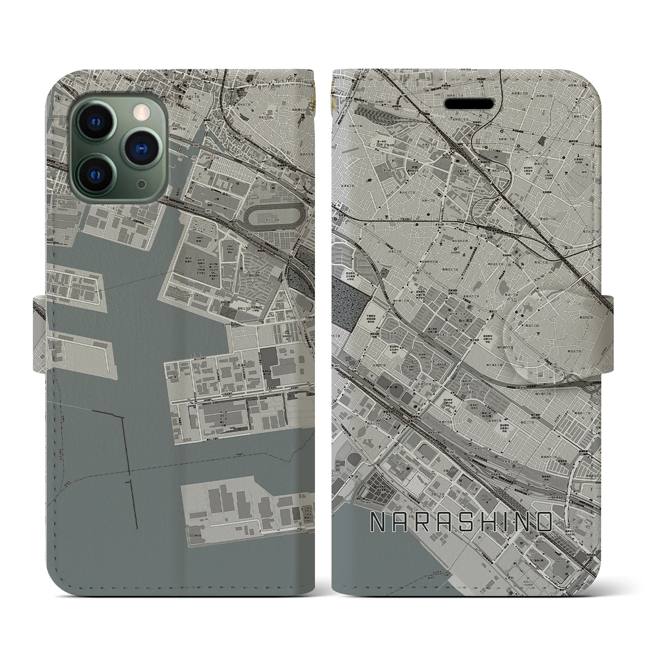 【習志野(千葉県)】地図柄iPhoneケース(手帳タイプ)モノトーン・iPhone 11 Pro 用