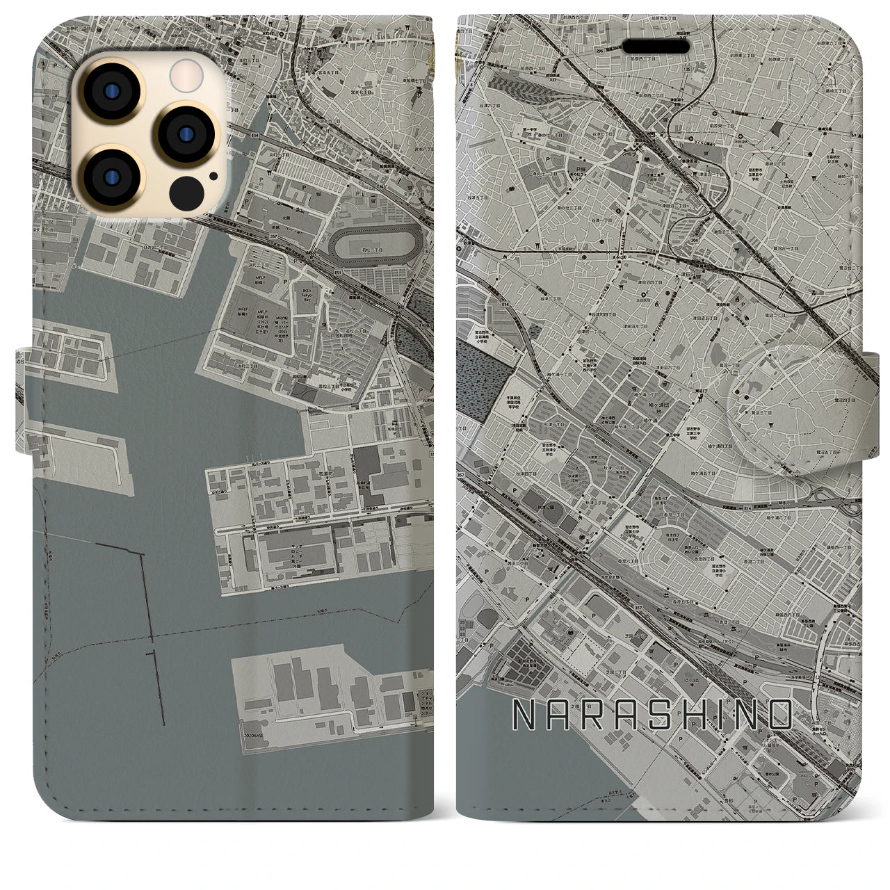 【習志野(千葉県)】地図柄iPhoneケース(手帳タイプ)モノトーン・iPhone 12 Pro Max 用
