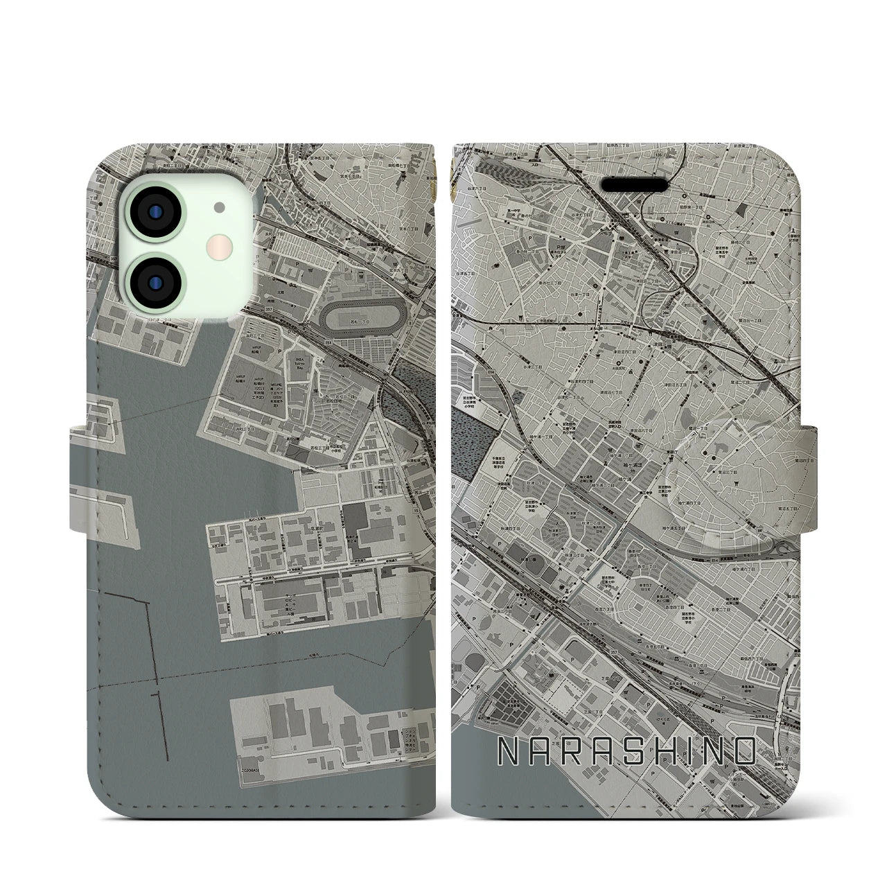 【習志野(千葉県)】地図柄iPhoneケース(手帳タイプ)モノトーン・iPhone 12 mini 用