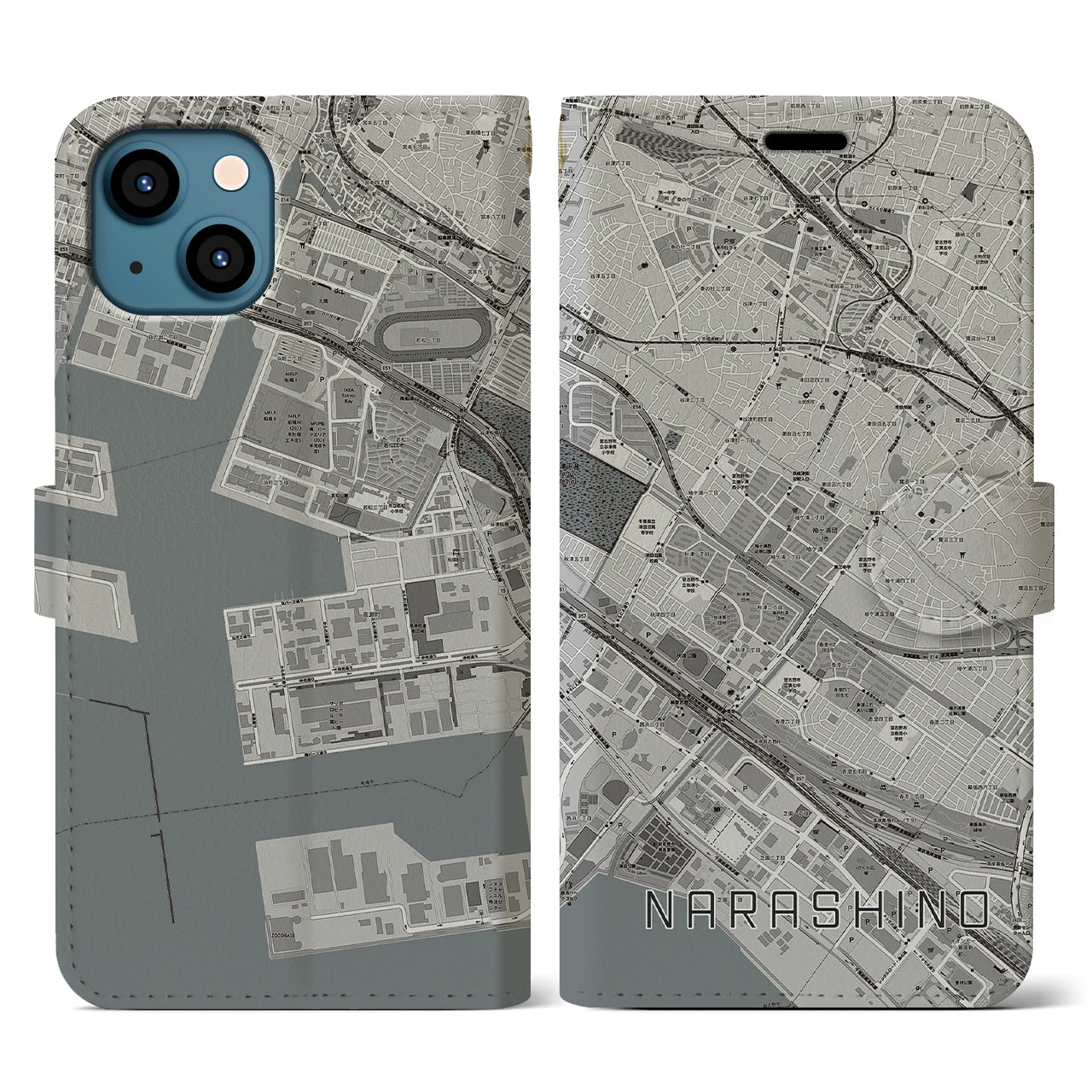 【習志野(千葉県)】地図柄iPhoneケース(手帳タイプ)モノトーン・iPhone 13 用