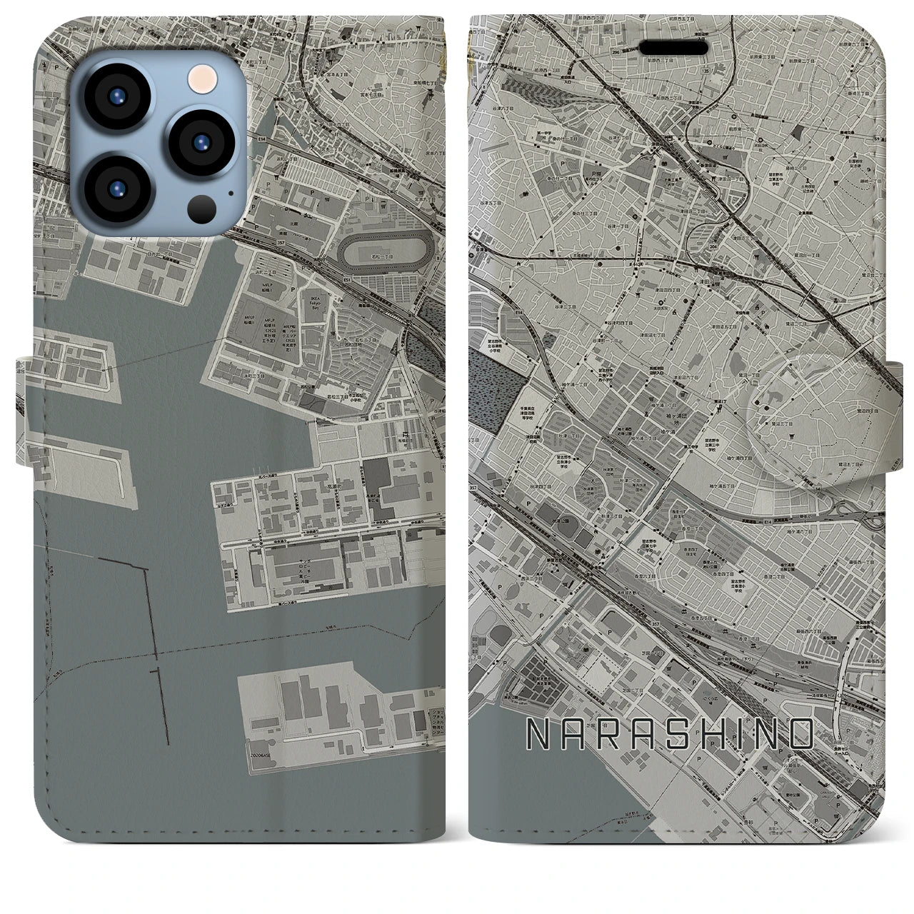 【習志野(千葉県)】地図柄iPhoneケース(手帳タイプ)モノトーン・iPhone 13 Pro Max 用